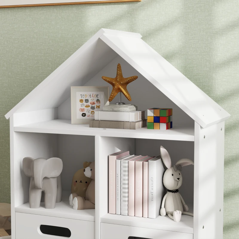 AIYAPLAY Kinderbücherregal Kinder Aufbewahrungsmöbel 3 Ebenen mit zwei Schubladen hausförmig 63,7 x 29,7 x 89 cm weiß