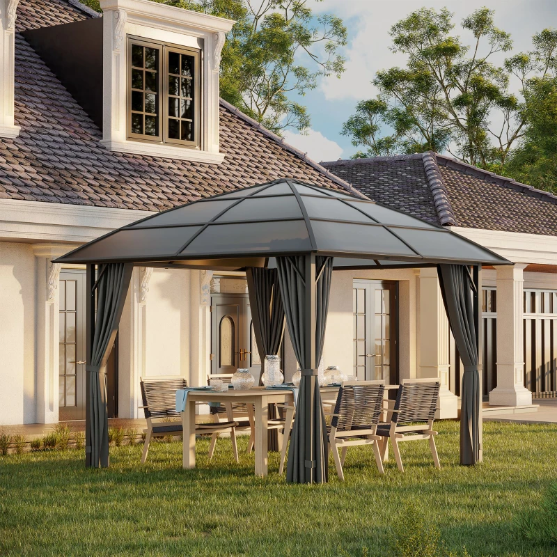 Outsunny Gartenpavillon Aluminiumstruktur Polycarbonat Dach wasserdicht UV 60+ Seitenwände 3 x 3 m dunkelgrau