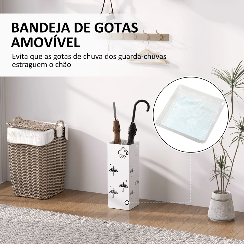 HOMCOM Suporte para Guarda Chuva de Aço com 4 Ganchos e Bandeja de Gotejamento Amovível 15,5x15,5x41 cm Branco