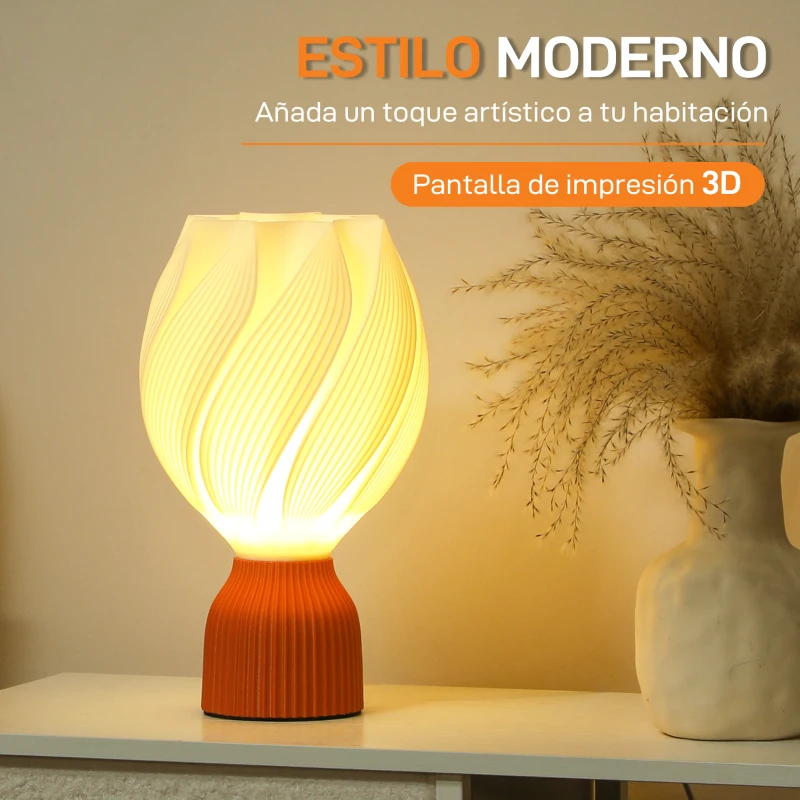 HOMCOM Lámpara de Mesa LED 3D con Diseño de Pétalos Luz Cálida para Mesita de Noche y Escritorio Ø16,5x28 cm Blanco y Teja