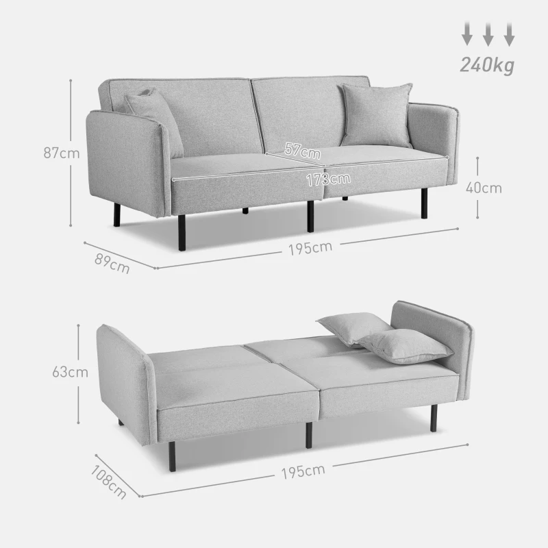 HOMCOM Schlafsofa 3-Sitzer, Schlafcouch Clic-Clac, mit 2 Kissen 195l x 89B x 87H cm Hellgrau