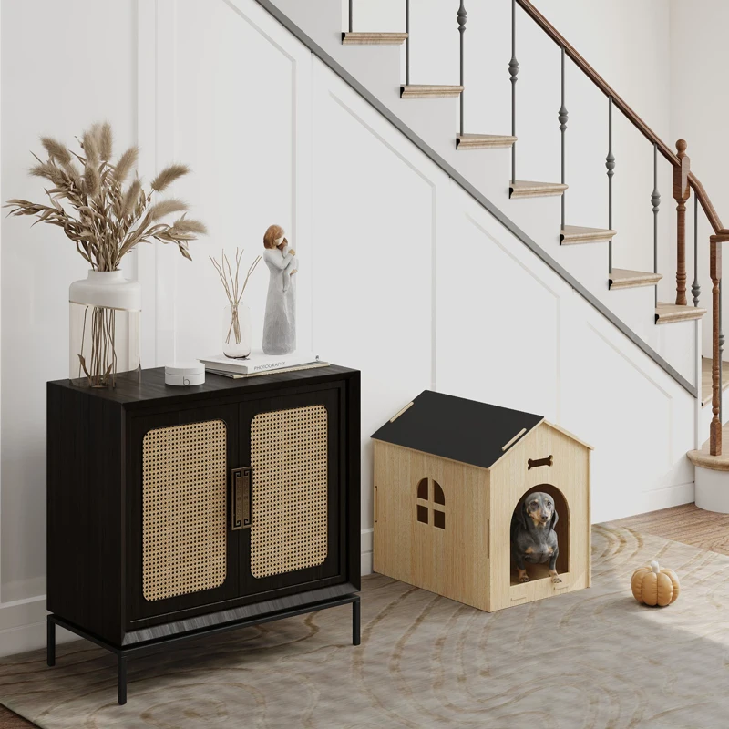 PawHut Innennische für Hunde Haus Innendesign aus Holz mit hohlen Knochenmustern Fenster 44 x 57 x 58 cm Eiche