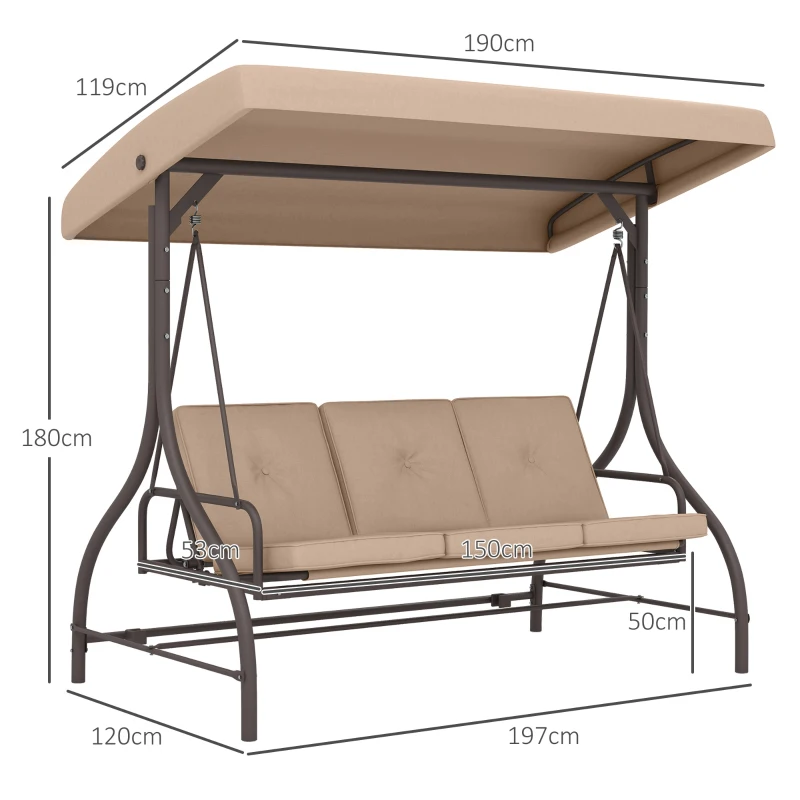 Outsunny Gartenliege für 3 Personen konvertierbar, hoher Komfort mit Polstern, verstellbarem Dach, Metall, Polyester, Khaki