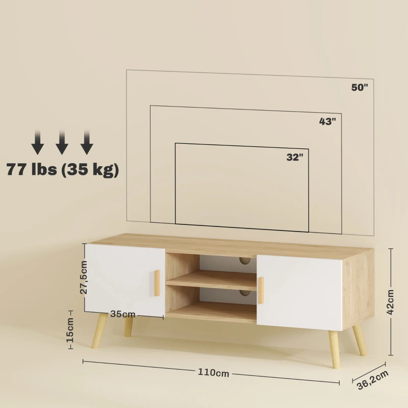 HOMCOM TV-Möbel Fernsehschrank Holz TV-Bank bis 50 Zoll mit Regalen, 2 Schränke und Kabeldurchlässen, Eiche