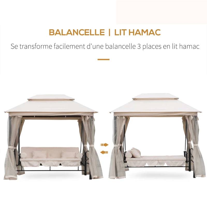 Outsunny Balancelle de Jardin 3 Places Convertible Style Colonial Grand Confort 2 Coussins + Matelas + moustiquaires Inclus Noir Beige