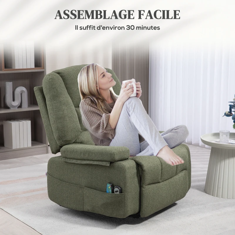 HOMCOM Elektrischer Aufstehmassagestuhl, Massage- und Heizfunktion, verstellbare Neigung, Fußstütze, Fernbedienungen, Grün