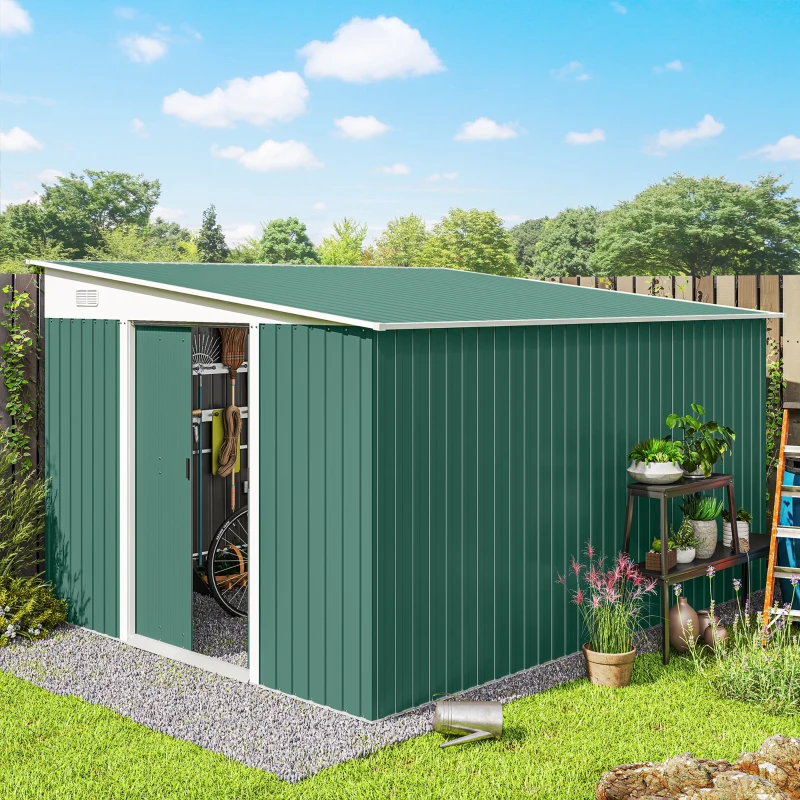 Outsunny Garden Metal Storage Shed Outdoor Metal Tool House with Double Sliding Doors and 2 Air Vents, 11.3x9.2ft, Green