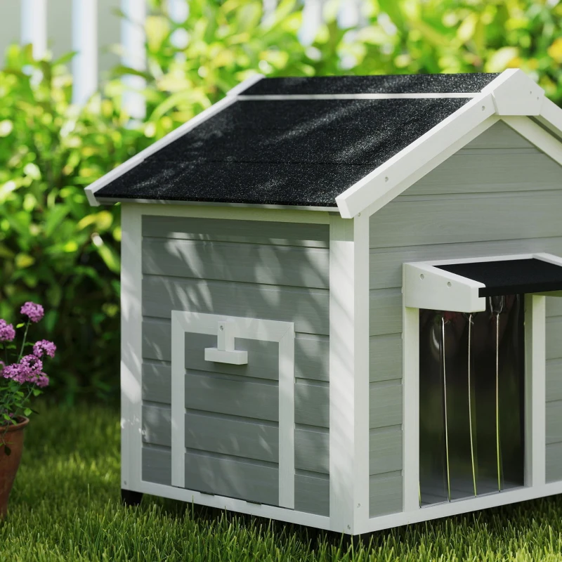 PawHut Massives Holz Hundehaus im Freien Hundehütte mit abnehmbarem Dach 95 x 68 x 76 cm hellgrau