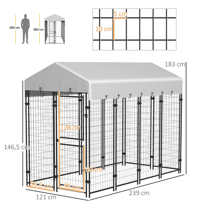 PawHut Hundezwinger im Freien Gehege 3m² mit wasserdichtem Vordach für große Hunde, verriegelbare Tür 239L x 121B x 183H cm