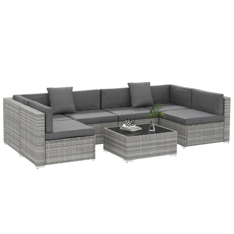 Outsunny 7-teiliges modulares Gartenmöbel-Set mit Glastischplatte und abnehmbaren Kissen inklusive grau