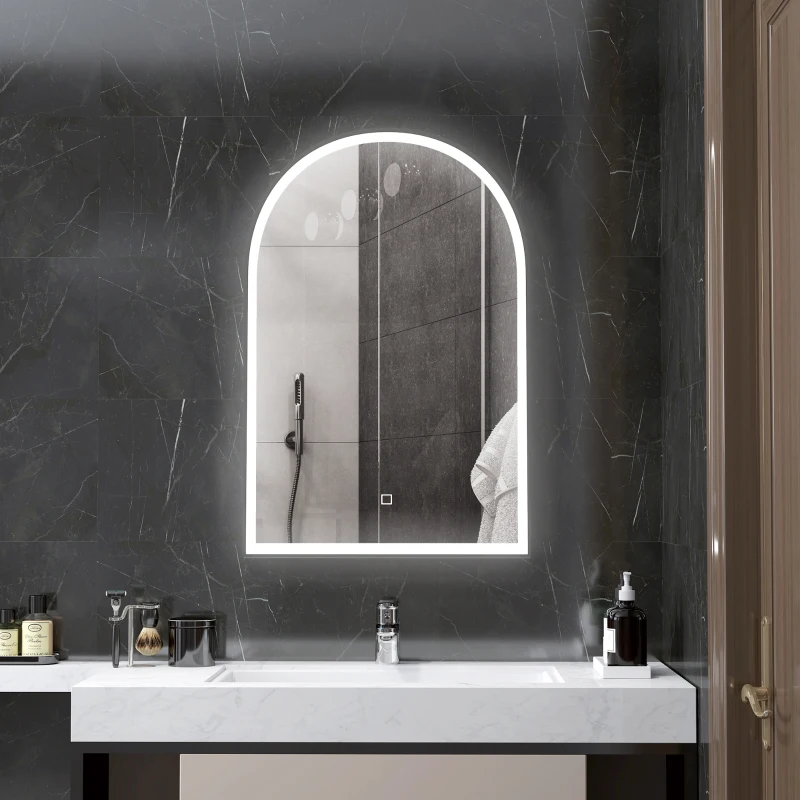 HOMCOM LED Badezimmerspiegel 90 x 60 cm, Wandmontage, 3 Farben, Bogenform, Aluminiumrahmen, Antibeschlag und Touchschalter