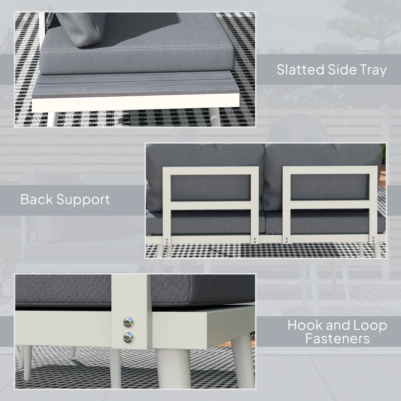 Outsunny 3 Piece Garden Furniture Set with 5-Level Adjustable Lounger, L Shaped Garden Corner Sofa with Cushions, Mesh Seat, Slatted Wood-Grain Table, Outdoor Furniture Set for Conservatory, Grey
