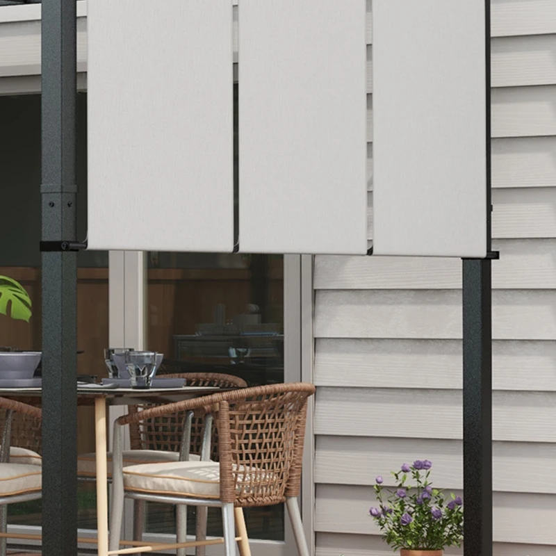 Outsunny Pergola mit 3 verschiebbaren Stoffen 3,5L x 3B x 2,35H m, Struktur aus verwitterungsbeständigem Epoxid-beschichtetem Schwarzem Metall, Stoff aus Polyester in Grau