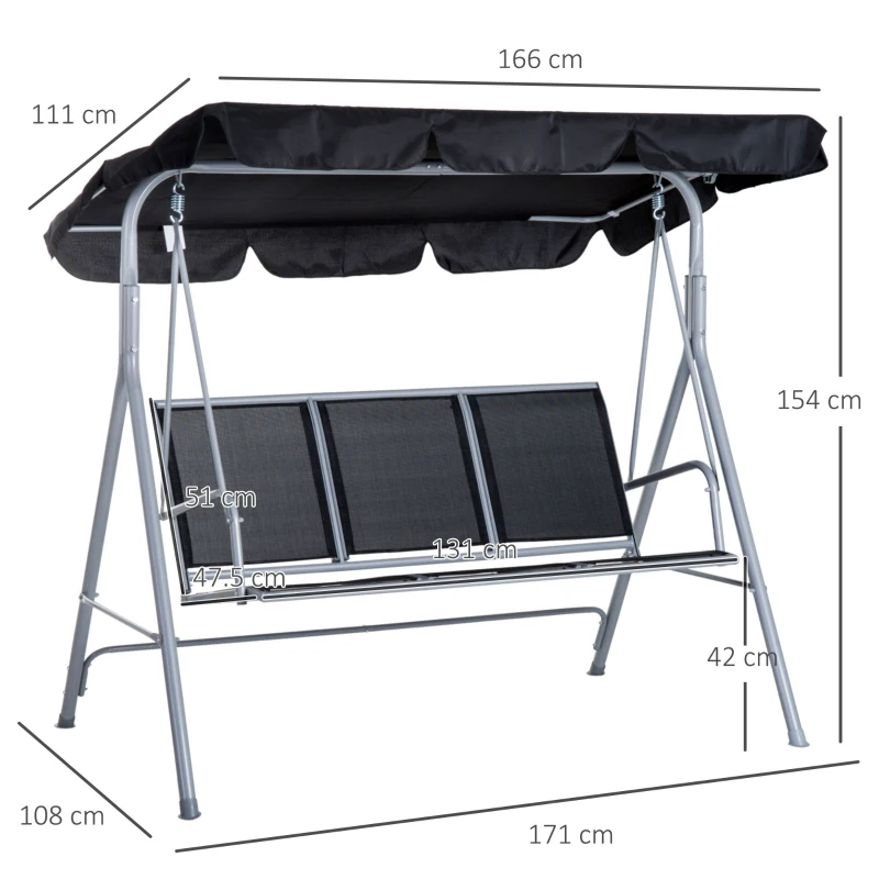 Outsunny Balansoar de Gradina cu 3 Locuri din Metal Acoperis Copertina Detasabil(m-3)