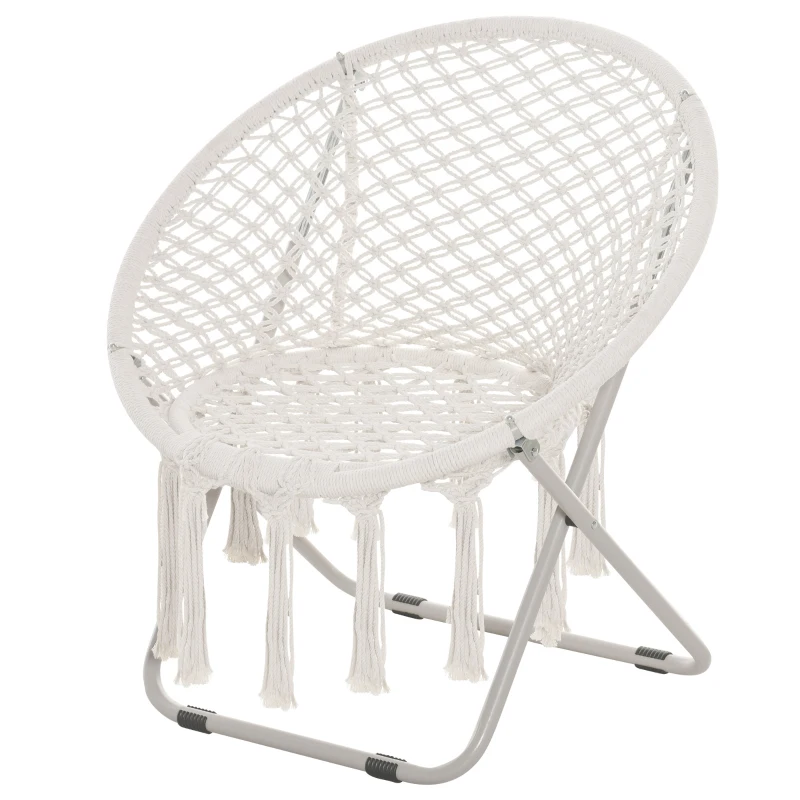 Outsunny Hängesessel runder Gartenstuhl Mond Papasan Klappbarer großer Komfort Makramee Baumwolle Polyester Beige