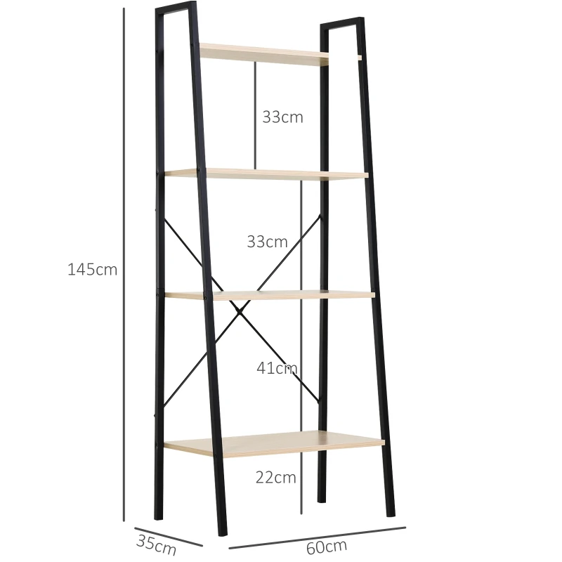 HOMCOM Ladder Shelf, Bookshelf, 4-Tier Industrial Storage Rack for Living Room, Bedroom, Kitchen, Oak and Black