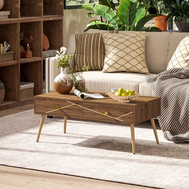 HOMCOM Couchtisch, rechteckiger Wohnzimmertisch, geräumige Tischplatte, 2 Schubladen, schmale Füße, 100 x 50 x 41 cm, Braun