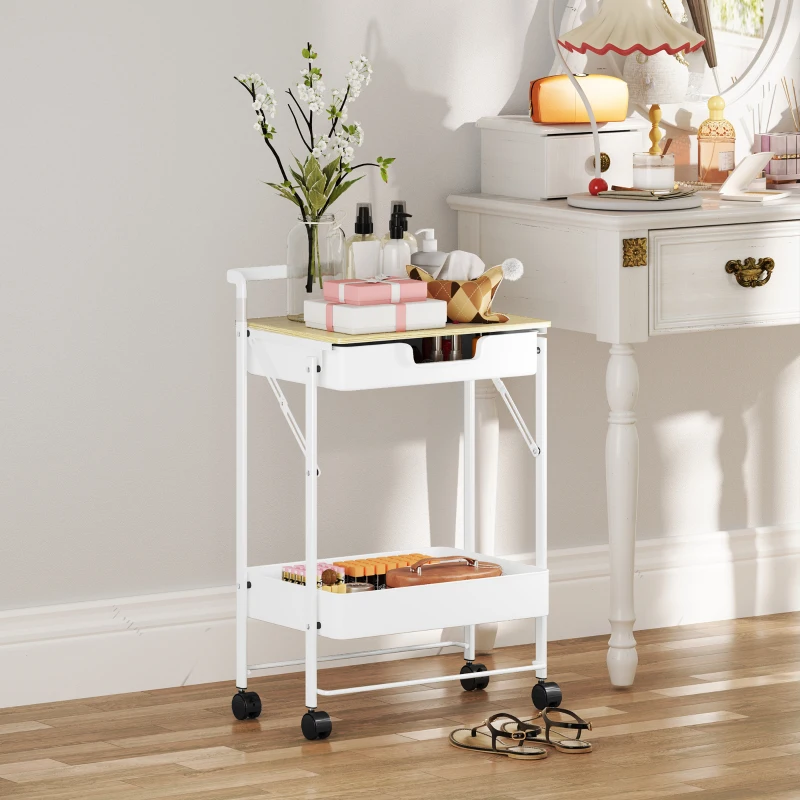 HOMCOM Carrito Auxiliar con Ruedas de 2 Niveles con Cajón Encimera y Cesta de Rejilla para Dormitorio Baño Cocina Blanco