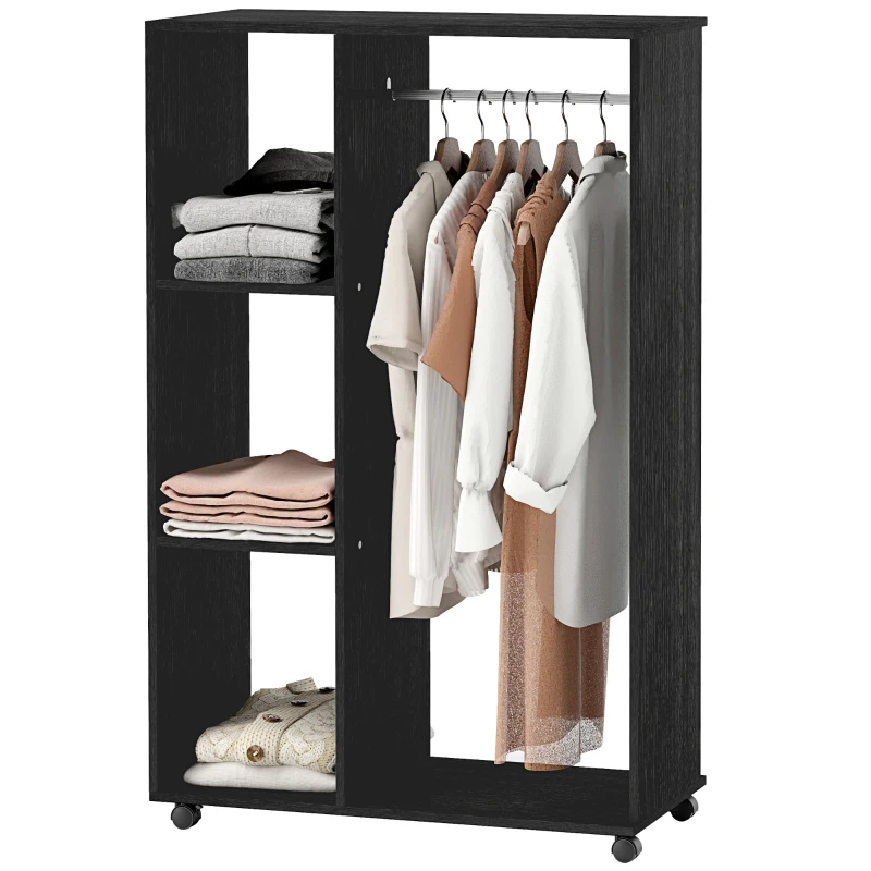 HOMCOM Open Wardrobe on Wheels, Bedroom Wardrobe with Clothes Hanging Rail, 3 Storage Shelves, Mobile Garment Rack for Cloakroom, Hallway, Black
