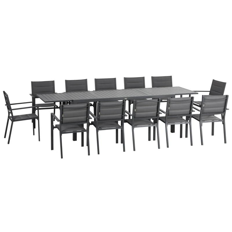 Outsunny Gartenmöbel-Set aus Aluminium und Textilene, ausziehbarer Tisch für 8/12 Personen, 12 stapelbare Stühle, Dunkelgrau