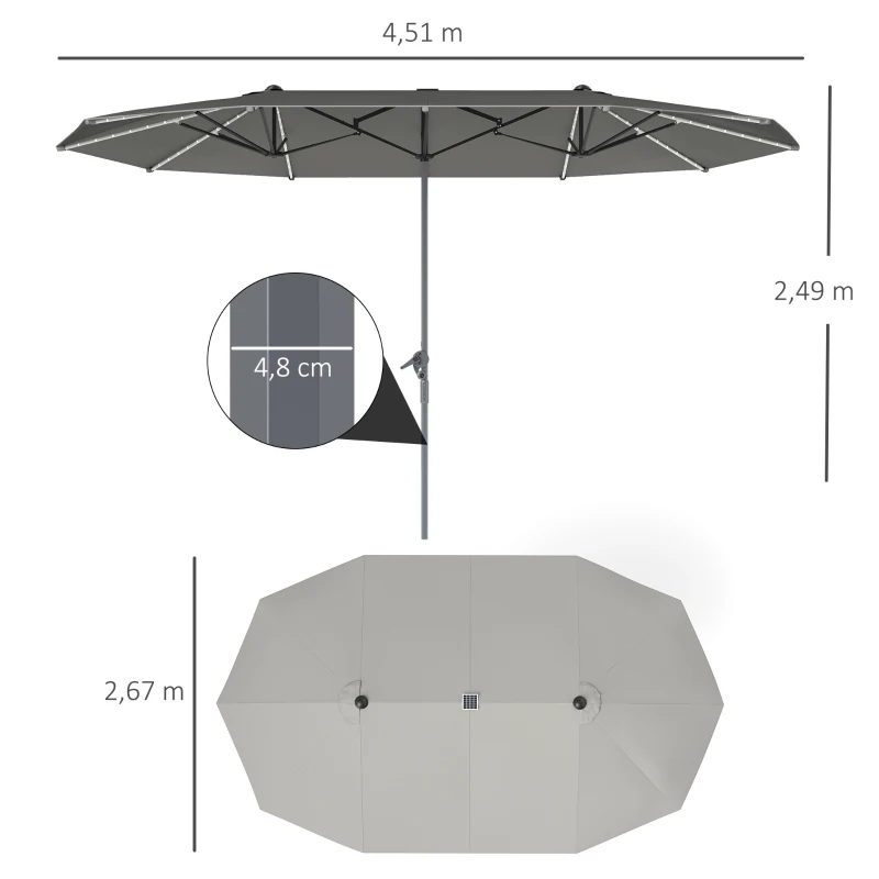 Outsunny Dubbele Parasol met Zonne-energie Verlichting, Aluminium, Polyester, UPF50+ Bescherming, UV-bestendig, Terras Parasol, Donkergrijs(m-3)