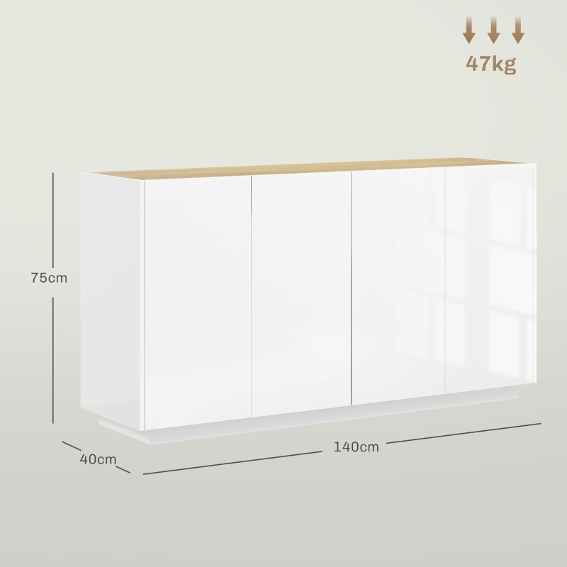HOMCOM Credenza Moderna con Armadietti a 2 Ante, Chiusura Ammortizzata e Ripiani Regolabili, 140x40x75cm, Bianco Lucido