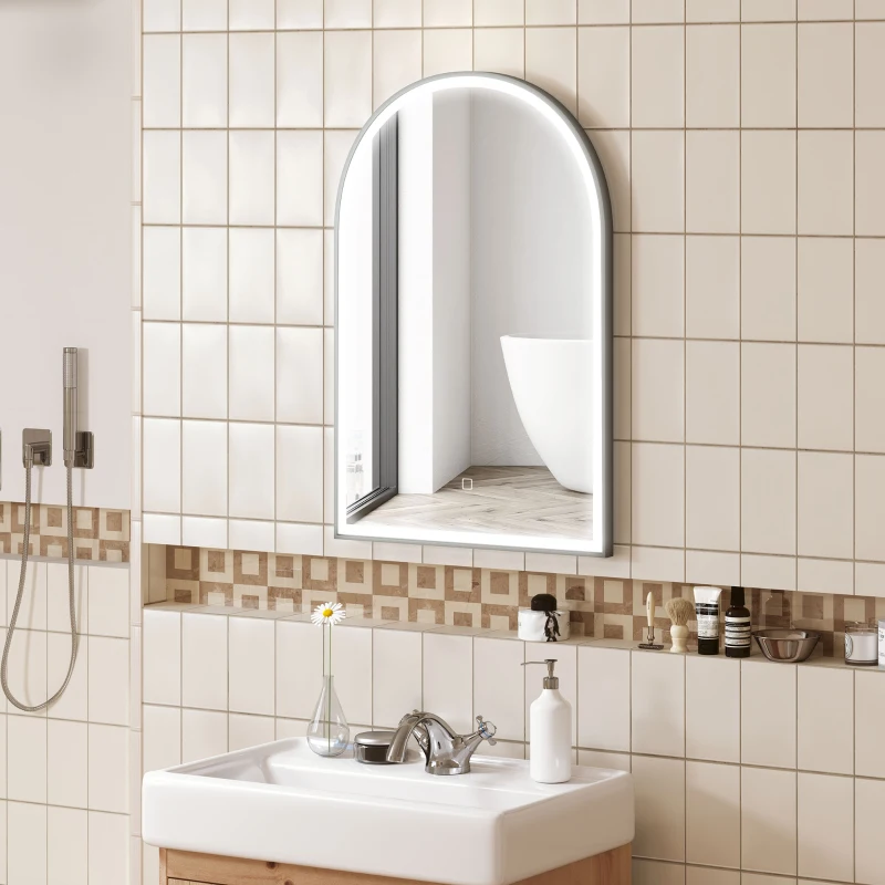 HOMCOM LED Badezimmerspiegel 90 x 60 cm, Wandmontage, 3 Farben, Bogenform, Aluminiumrahmen, Antibeschlag und Touchschalter