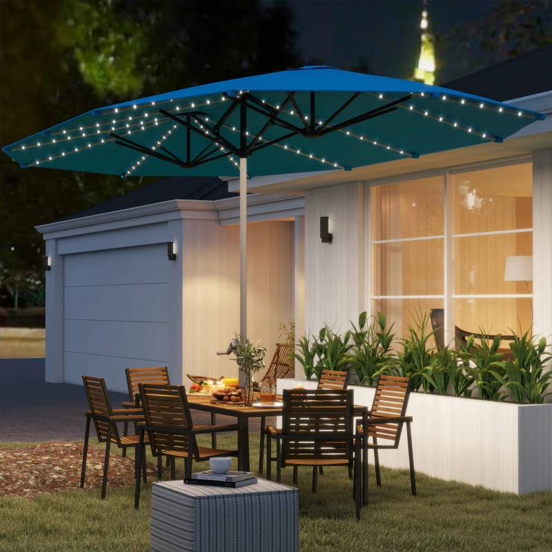 Outsunny Dubbele Parasol met Zonne-energie Verlichting, Aluminium, Polyester, UPF50+ Bescherming, UV-bestendig, Terrasparasol, Blauw(m-2)
