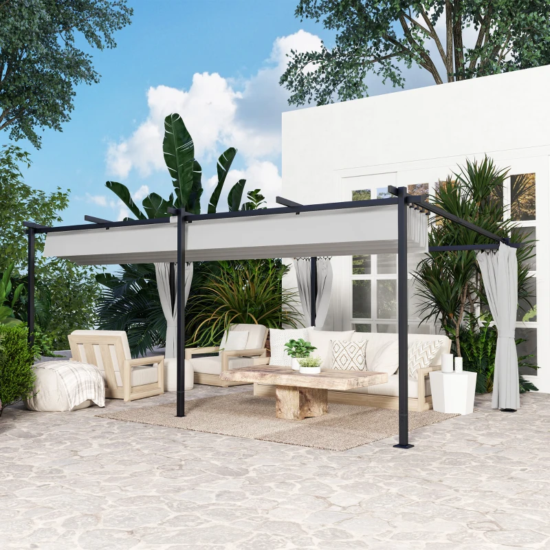 Outsunny Gartenpergola 3 x 6 m ausziehbare Schiebepavillon mit Seitenwänden, Sonnenschutzdach UPF30+, grau