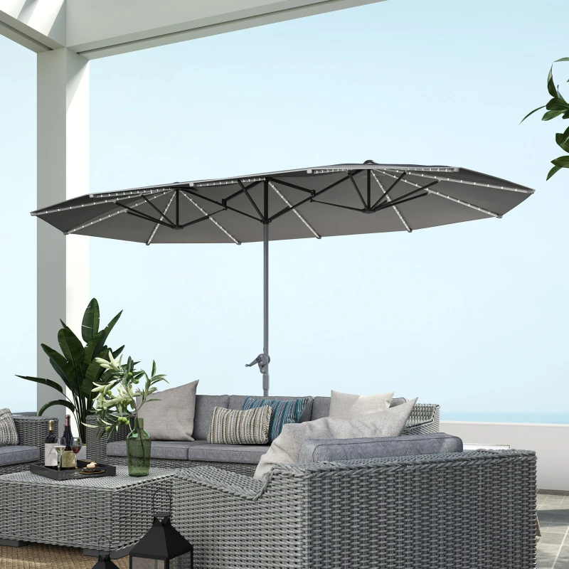 Outsunny Dubbele Parasol met Zonne-energie Verlichting, Aluminium, Polyester, UPF50+ Bescherming, UV-bestendig, Terras Parasol, Donkergrijs(m-9)