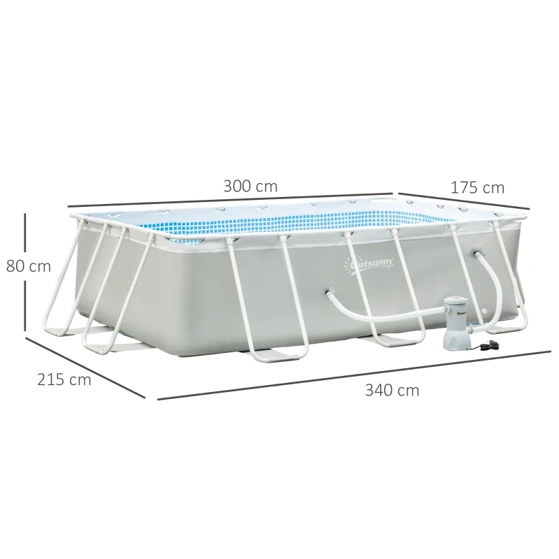 Outsunny Aufstellpool rechteckig mit Filter, Stahl und Kunststoff, Größe 340L x 215B x 80H cm, Hellgrau