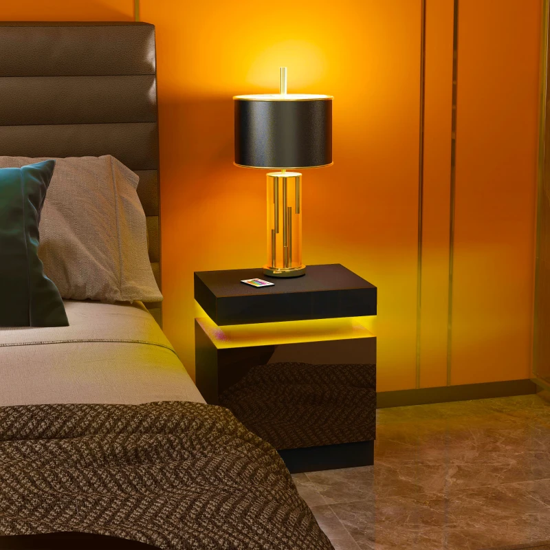 HOMCOM Nachttisch Nachttisch RGB-LED-Licht hochglänzende Frontplatte mit 2 Schubladen für Wohnzimmer Schlafzimmer Schwarz
