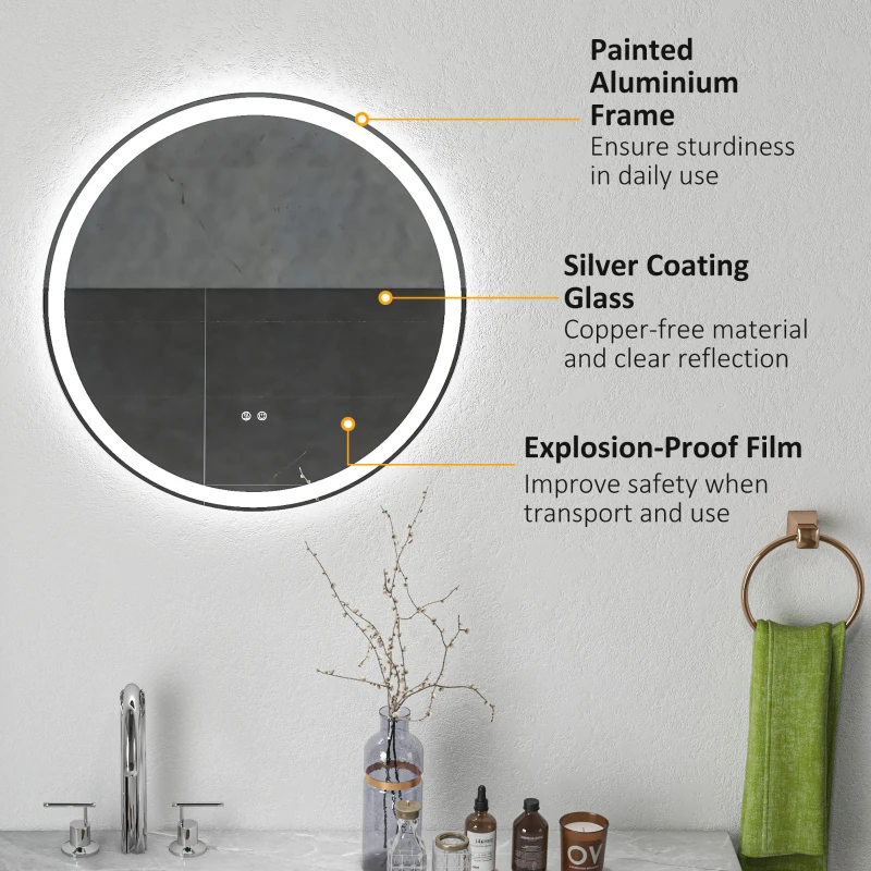 kleankin Round Bathroom Mirror with LED Lights, Wall Mount Dimmable Makeup Mirror with 3 Temperature Colours, Defogging Film and Memory Function, Frameless, Hardwired, 60 x 60 cm