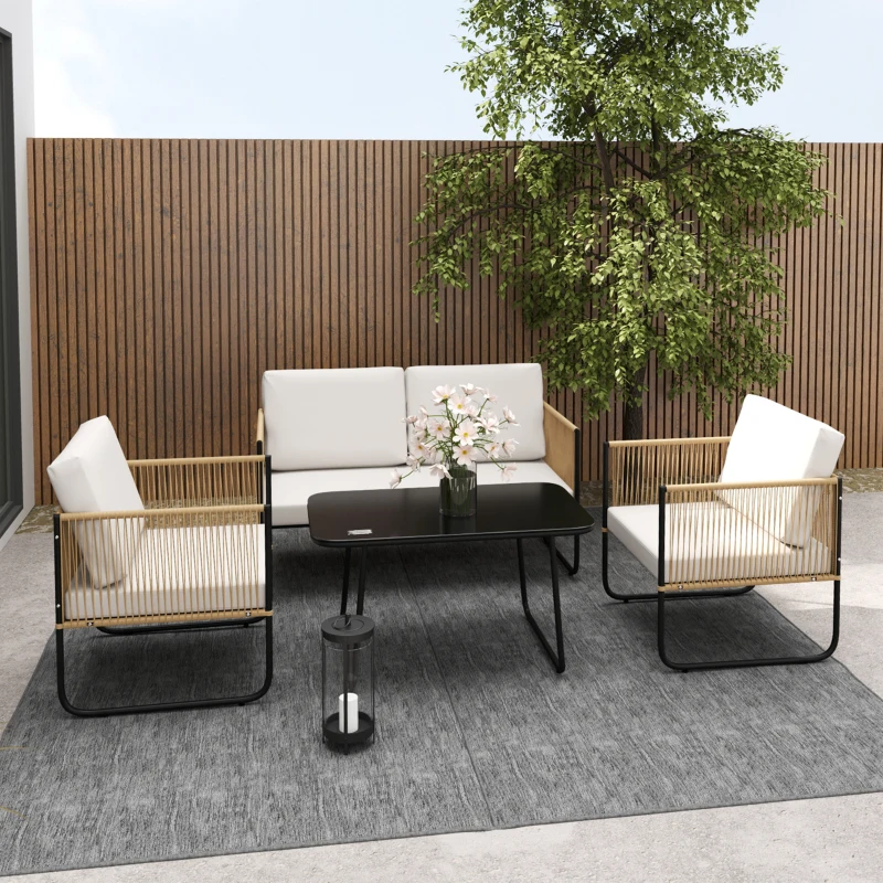 Outsunny Gartenmöbel-Set 4-teilig mit 2-Sitzer-Sofa, 2 Sesseln, 1 Glastisch und Kissen – Creme Weiß