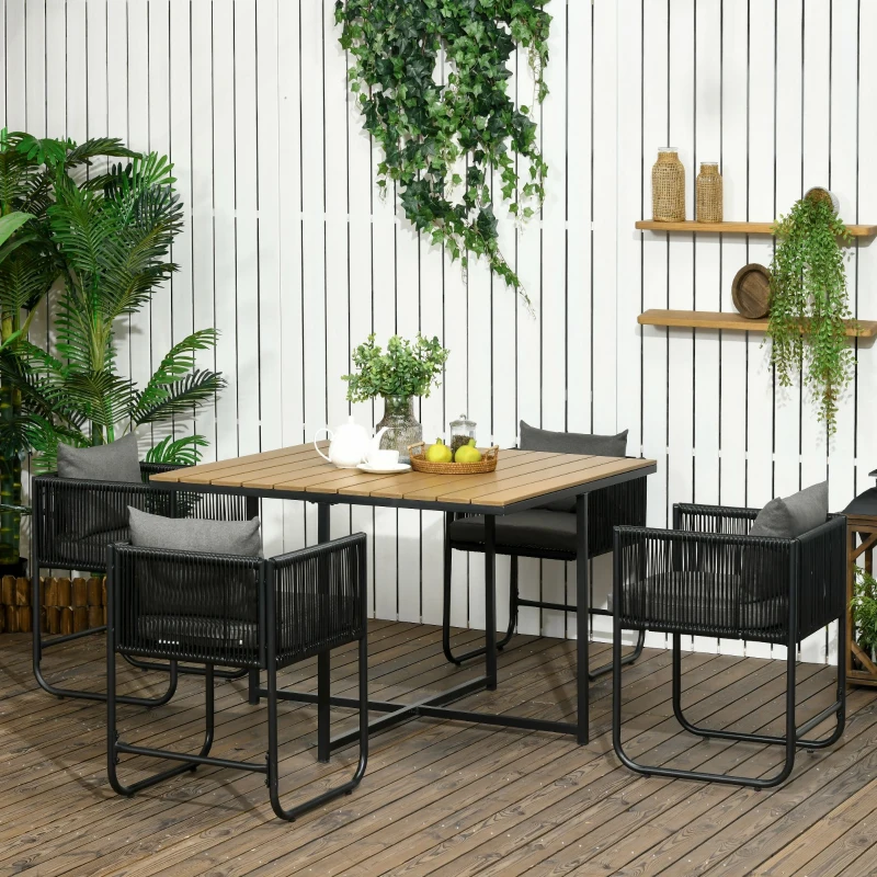 Outsunny Gartenmöbel-Set 5-teilig mit 1 Tisch und 4 Stühlen 8 Kissen Tisch aus Verbundwerkstoff Holzoptikplatte