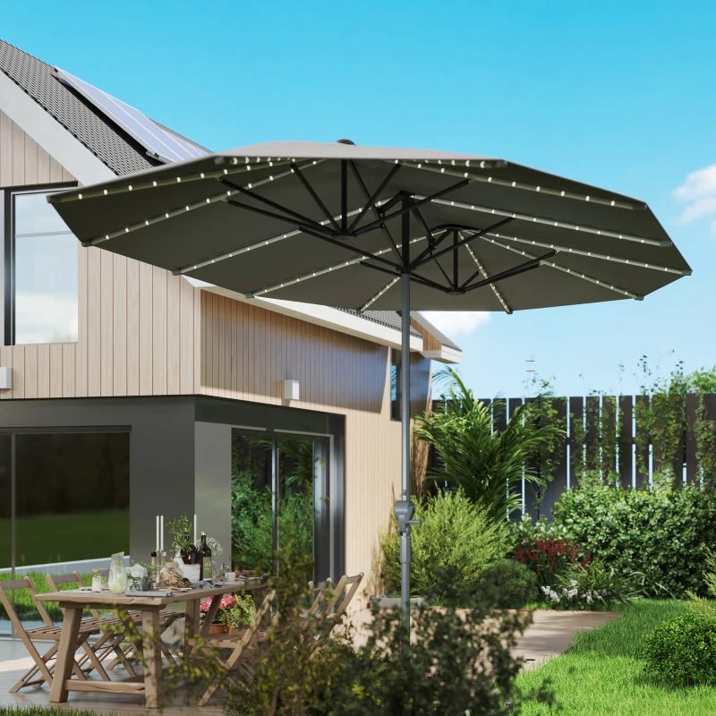 Outsunny Dubbele Parasol met Zonne-energie Verlichting, Aluminium, Polyester, UPF50+ Bescherming, UV-bestendig, Terras Parasol, Donkergrijs(m-8)