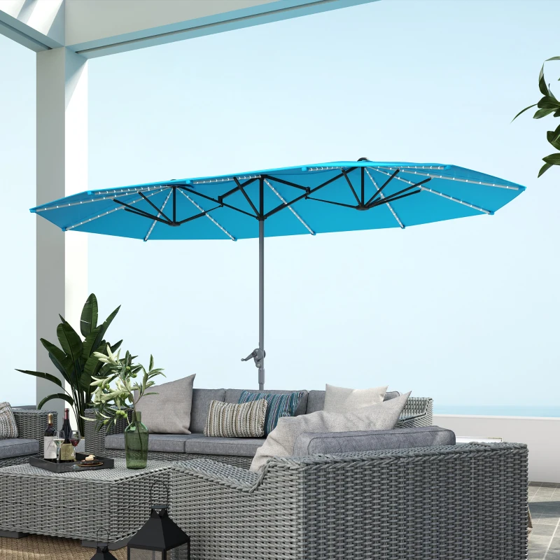 Outsunny Dubbele Parasol met Zonne-energie Verlichting, Aluminium, Polyester, UPF50+ Bescherming, UV-bestendig, Terrasparasol, Blauw(m-9)