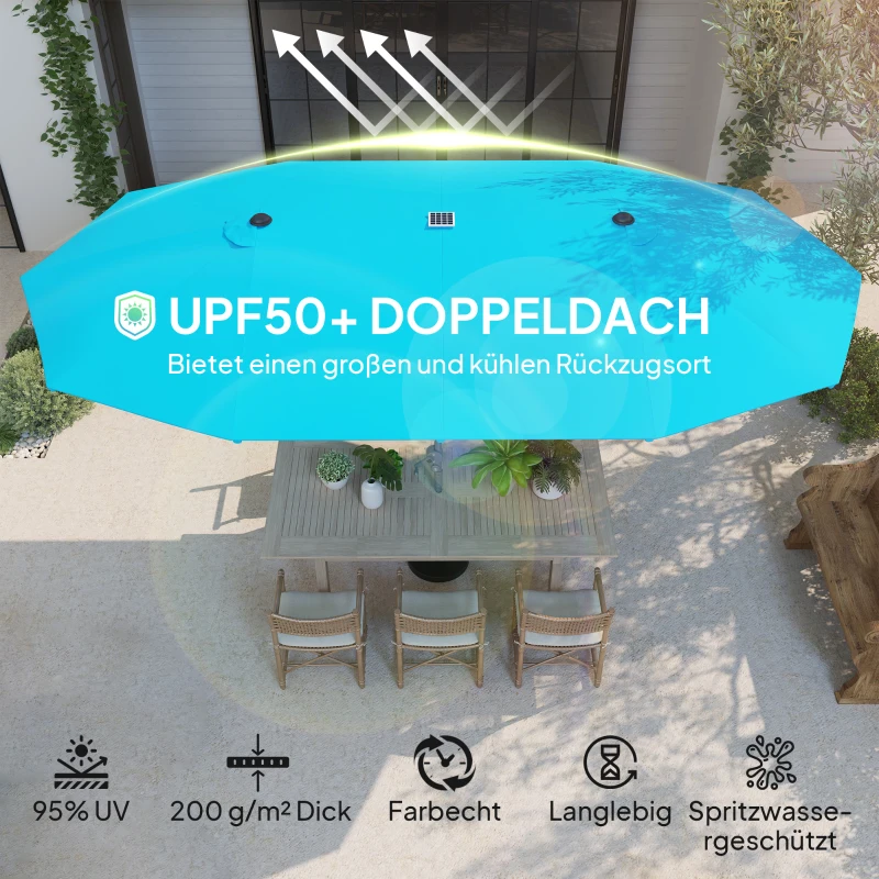 Outsunny Dubbele Parasol met Zonne-energie Verlichting, Aluminium, Polyester, UPF50+ Bescherming, UV-bestendig, Terrasparasol, Blauw(m-4)