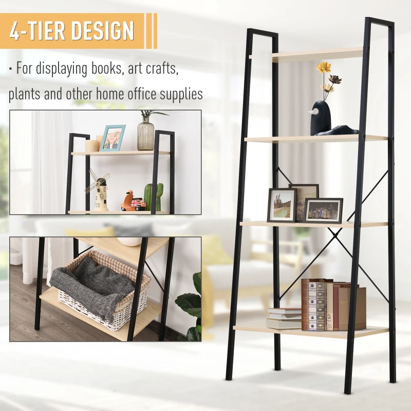 HOMCOM Ladder Shelf, Bookshelf, 4-Tier Industrial Storage Rack for Living Room, Bedroom, Kitchen, Oak and Black