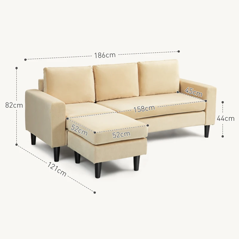 HOMCOM Modulares Ecksofa mit Hocker und 3 Kissen, Holzfüße, Samtstoff Beige