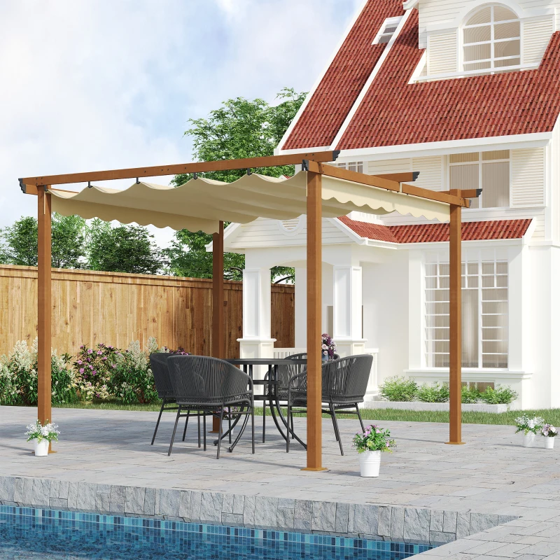 Outsunny Pergola ausziehbar Aluminiumstruktur + Polyesterhochdichtgewebe Sonnenschutz 3 x 3 x 2,25 m Beige