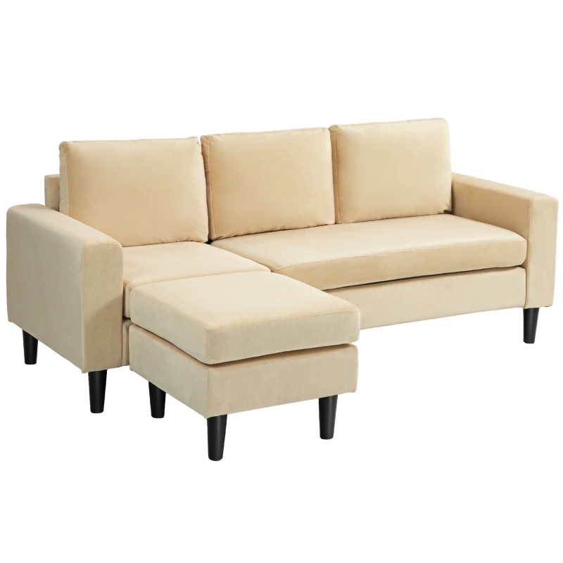 HOMCOM Modulares Ecksofa mit Hocker und 3 Kissen, Holzfüße, Samtstoff Beige