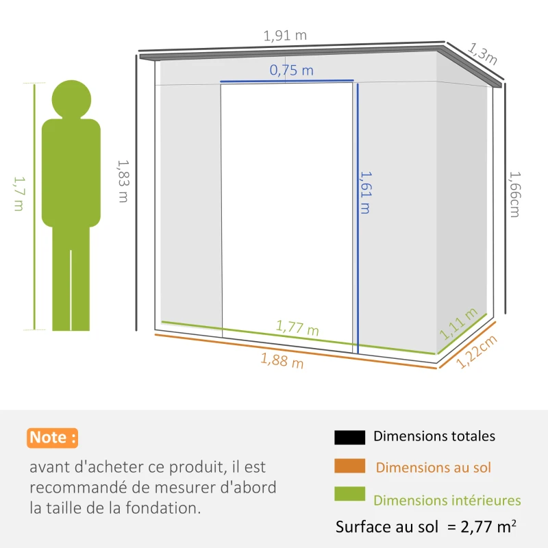 Outsunny Gartenhaus 2,3m² - für Werkzeuge - abschließbares Gartenhaus - Größe 191L x 130B x 166,5-183H cm - Stahl
