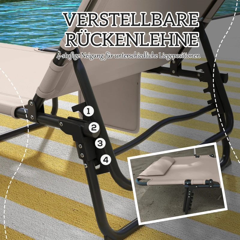Outsunny Składany Leżak z 4-stopniową Regulacją Oparcia, Poduszką, Boczną Kieszenią, Zagłówkiem, 68 x 189 x 30 cm, Beżowy