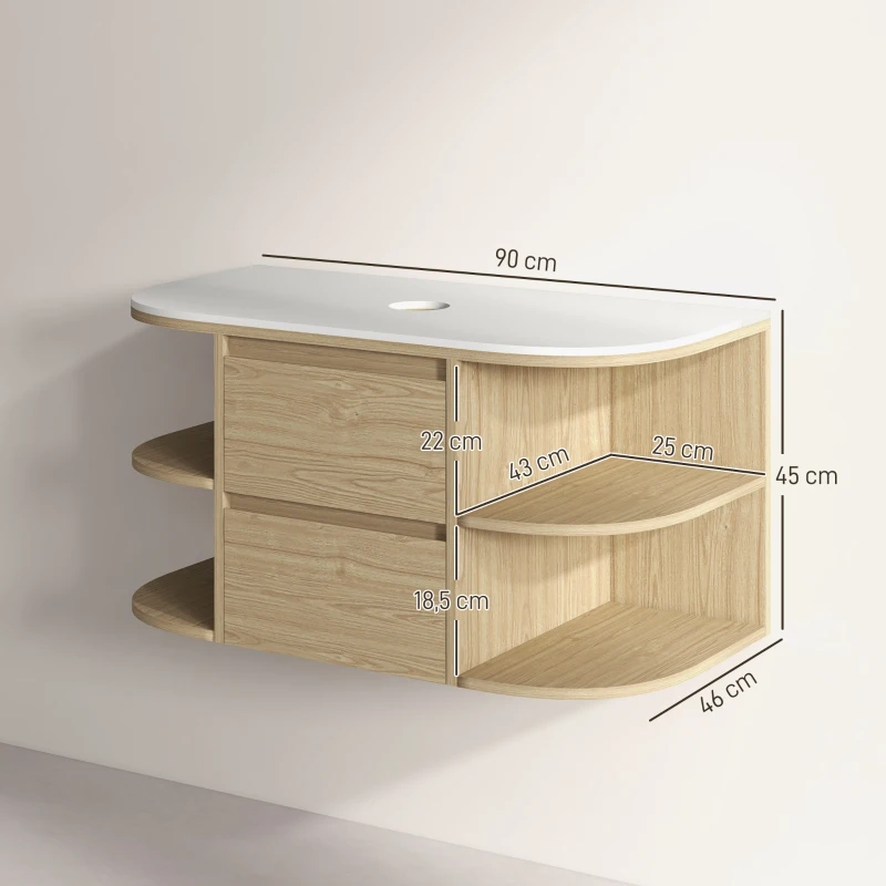 HOMCOM Badezimmer-Unterschrank mit hängendem Waschbecken, Waschtisch mit Soft-Close-Schubladen und Regalen, Braun
