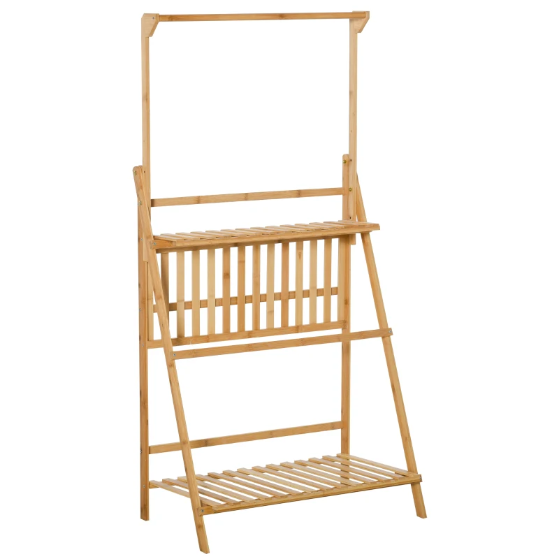 Outsunny Blumentreppe aus Holz Pflanzenständer Leiterregal einstellbare Hängehöhe Blumenständer hängende Bamboo Natur innen draußen 70 x 40 x 143 cm