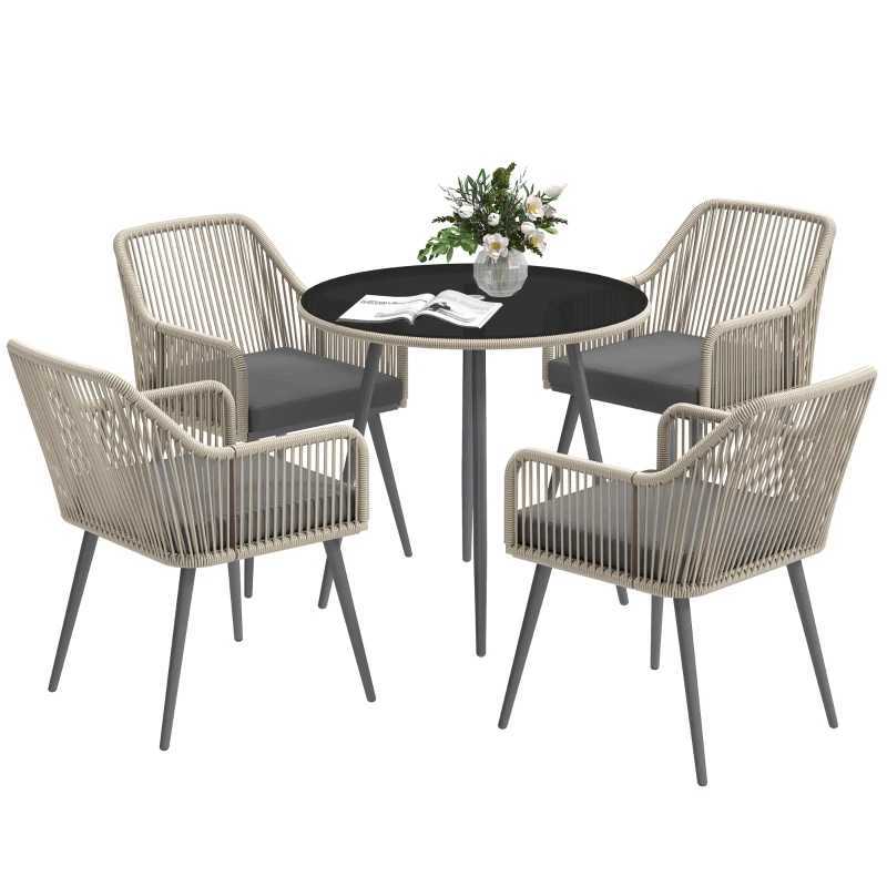 Outsunny Gartenmöbel-Set im Freien aus geflochtenem Rattan für 4 Personen - Kissen und runder Glastischplatte, für Terrasse, Garten, Braun