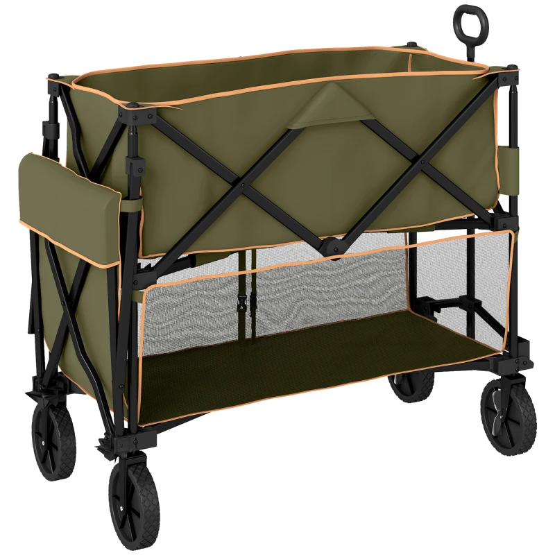 Outsunny Double Decker Folding Festival Trolley on Wheels, 200KG & 350L Capacity Collapsible Wagon Festival Trolley Cart with 134cm Extended for Camping Sports Shopping Garden and Beach, Grey