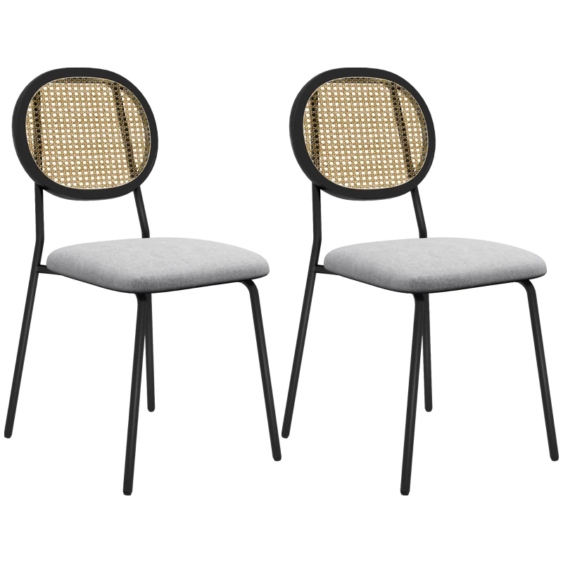 HOMCOM Set mit 2 Dining-Stühlen, Küchenstühle, Rattanrücken, atmungsaktiver Stoff, Stahlrahmen, 44 x 54 x 87 cm, Grau