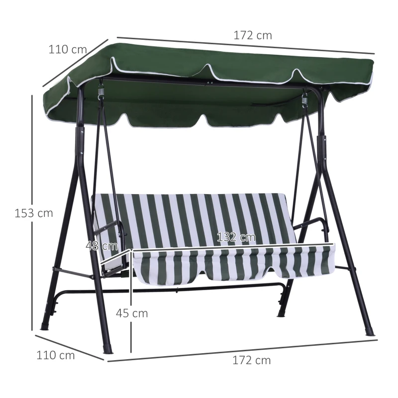 Outsunny Gartenliege 3-Sitzer mit verstellbarem Dach und Kissen Schwarz Stahl Polyester Grün